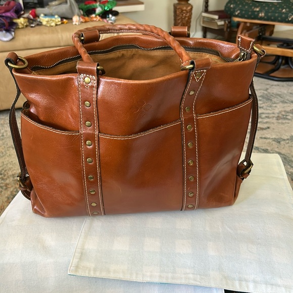 Patricia Nash all leather lined in suede bag 11 x 13 brown unique handle - Picture 1 of 9